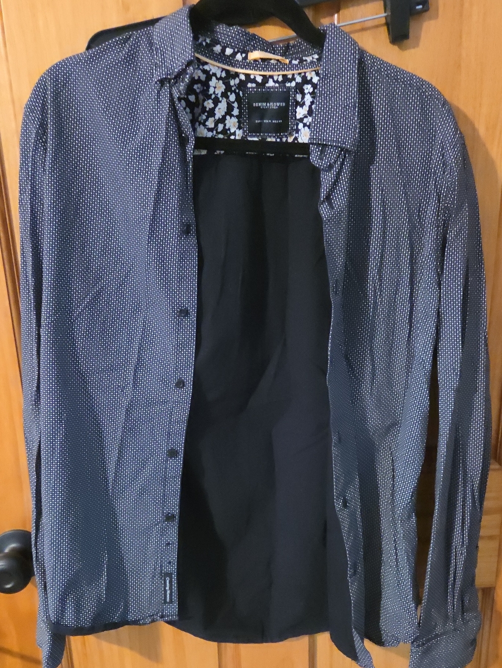Denim And Flower Button-Up Polka Dot Shirt - Navy & White